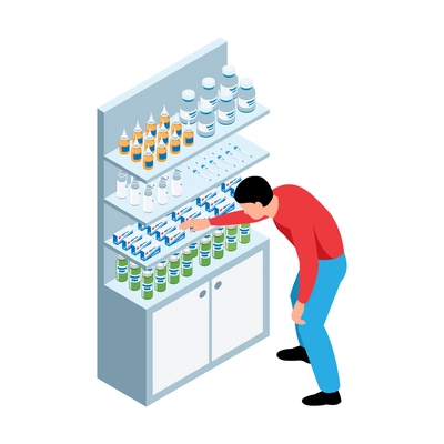 Pharmacy isometric icon with man taking medicine from shelf vector illustration