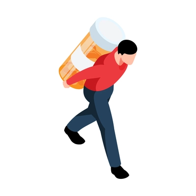 Pharmacy icon with isometric character carrying big bottle of pills vector illustration