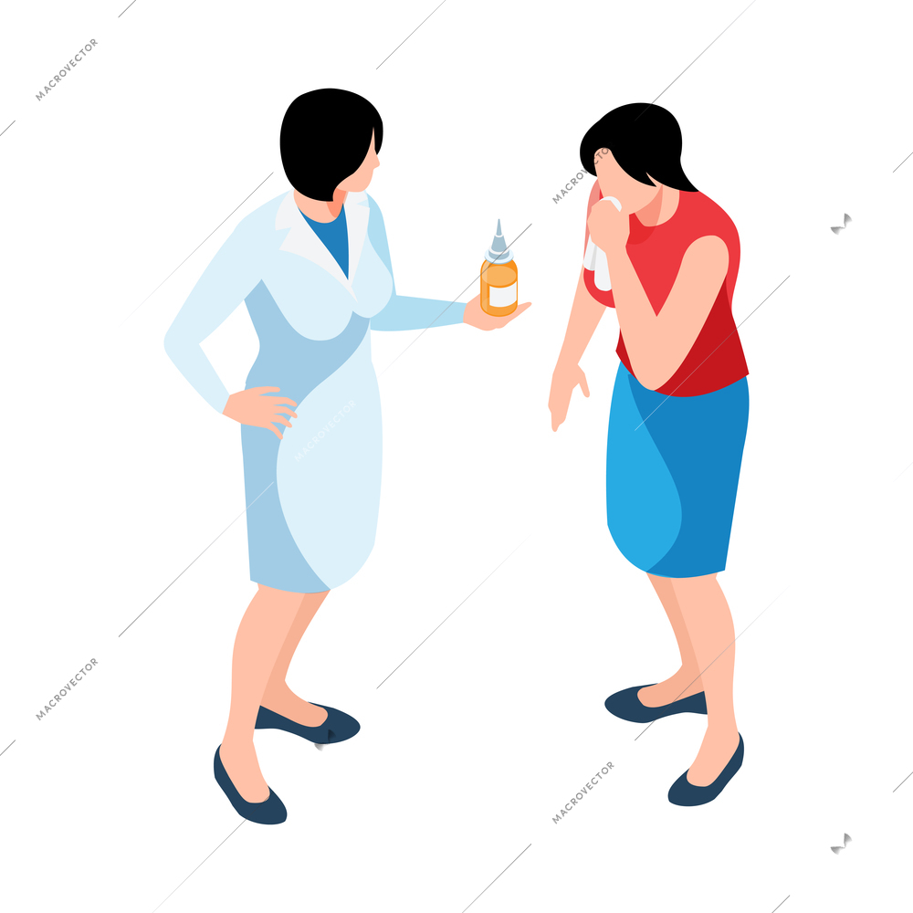 Isometric icon with pharmacist giving medication to ill woman vector illustration