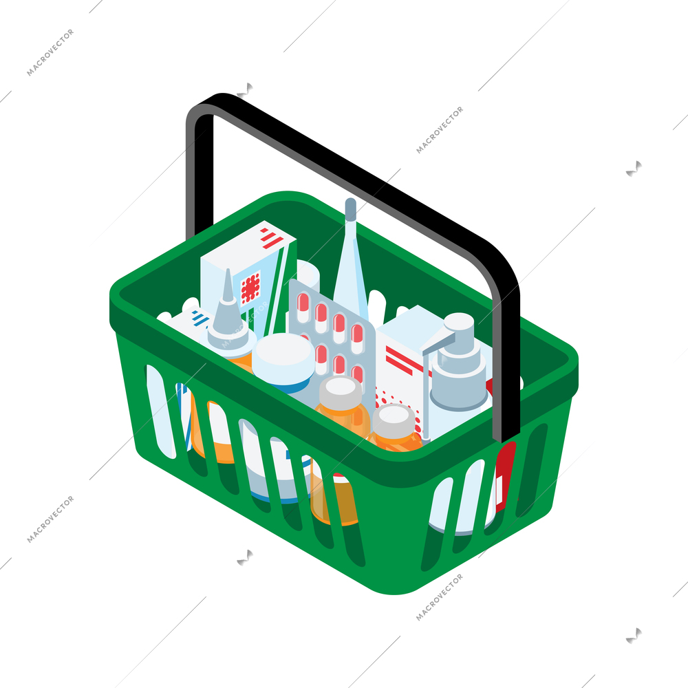 Isometric green shopping basket with pills capsules drugs thermometer on white background vector illustration