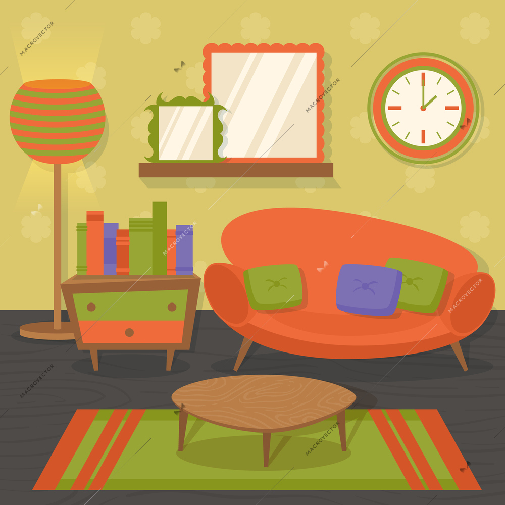 Interior indoor living room orange design with sofa mirror table vector illustration