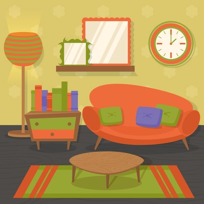 Interior indoor living room orange design with sofa mirror table vector illustration