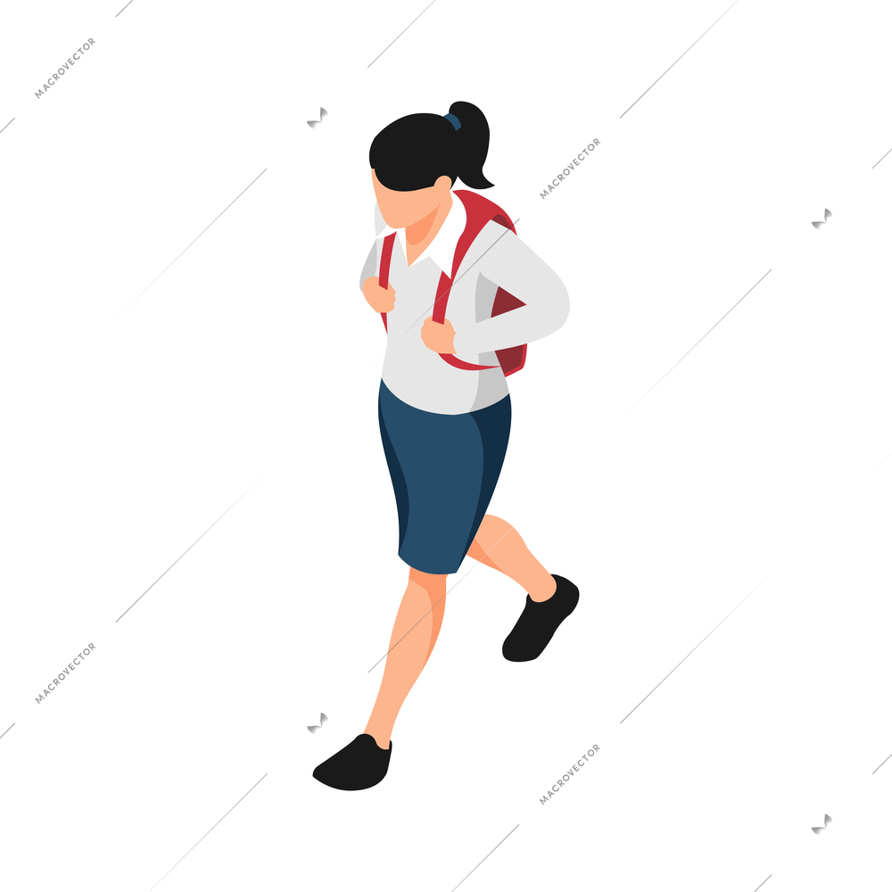 Isometric icon of school girl with bag on white background vector illustration