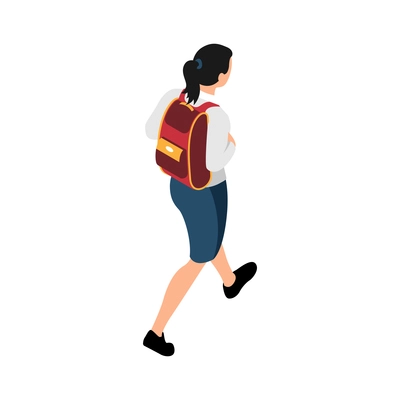 Back view of girl going with school bag on white background isometric vector illustration