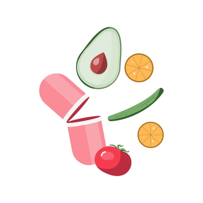 Nutrition flat concept with fresh fruit vegetables and open capsule isolated vector illustration