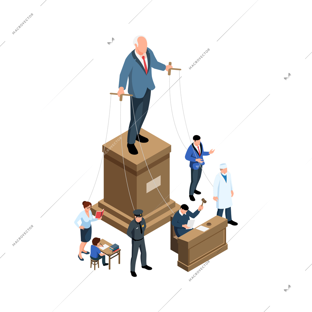 Puppet government authoritarianism isometric concept with political figure doctor teacher child policeman 3d vector illustration