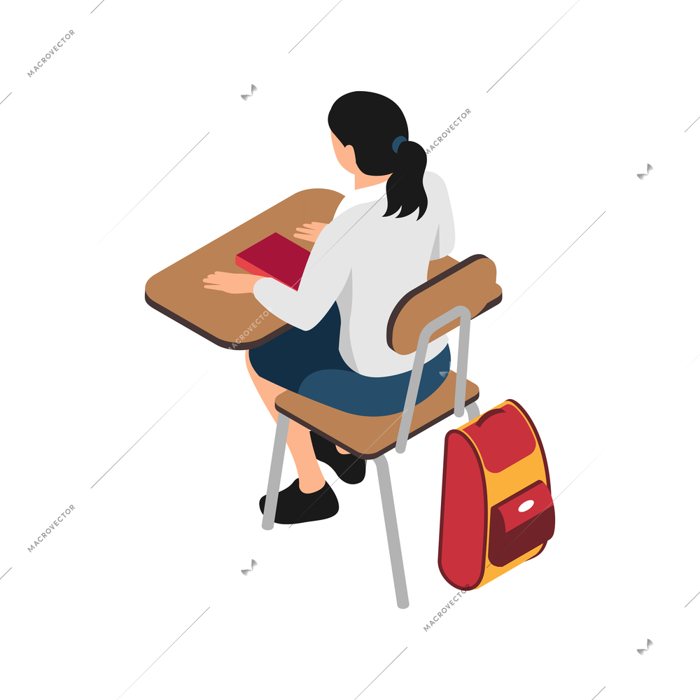 Isometric icon with girl in school uniform sitting at desk 3d vector illustration