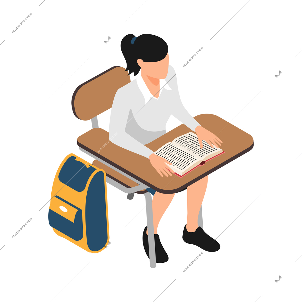Teen sitting at school desk with open book isometric icon 3d vector illustration