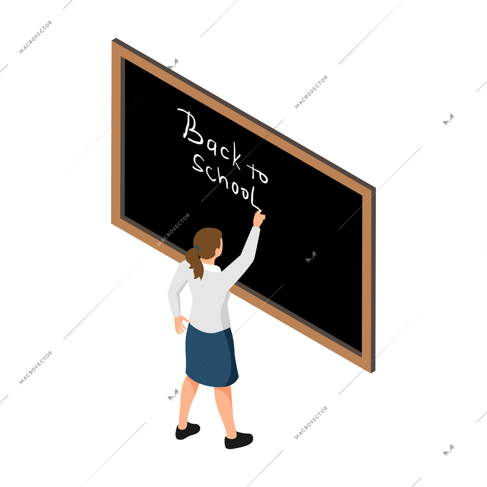 Girl writing back on school with chalk on black board 3d isometric vector illustration