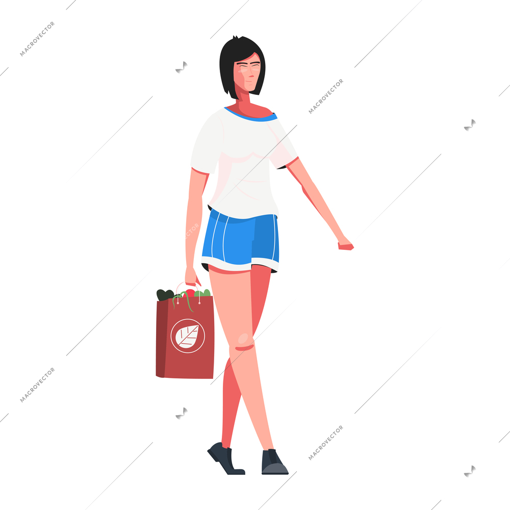 Woman carrying bag with vegetables on white background flat vector illustration