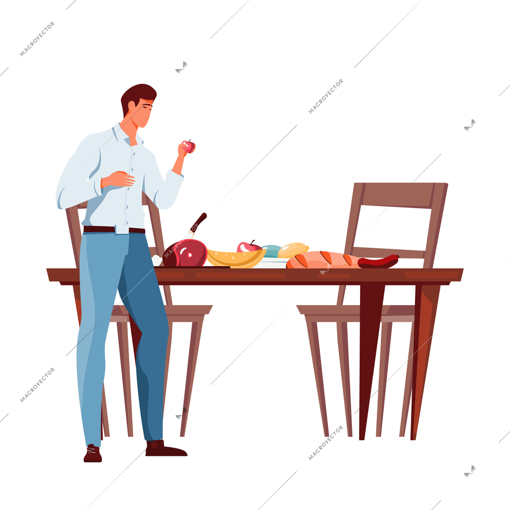 Nutrition flat icon with various products on dinner table and man holding apple vector illustration