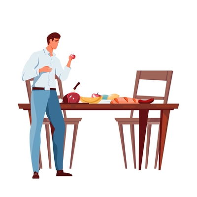 Nutrition flat icon with various products on dinner table and man holding apple vector illustration