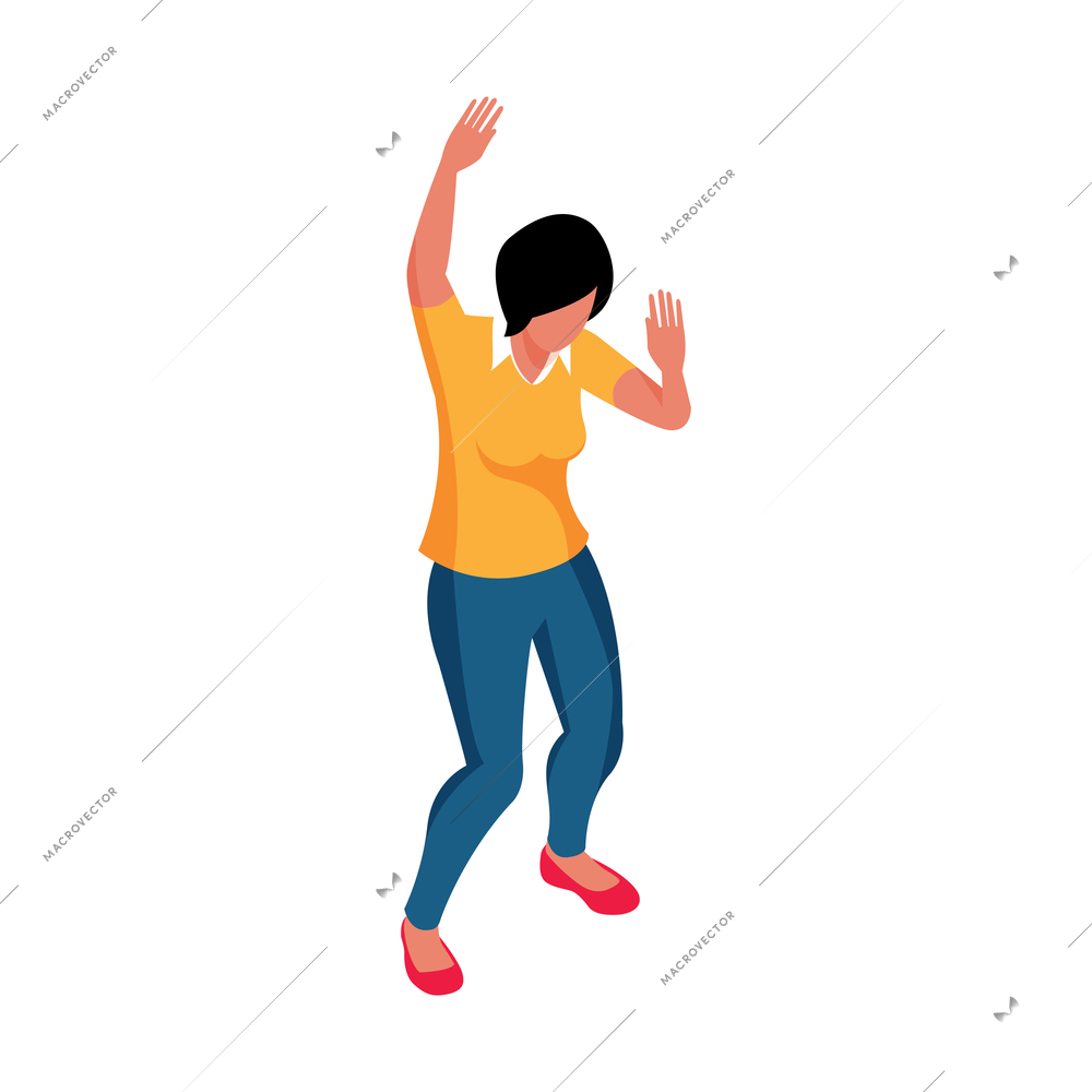 Woman character dancing at party 3d isometric vector illustration