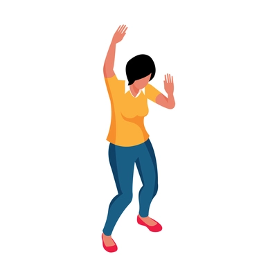 Woman character dancing at party 3d isometric vector illustration