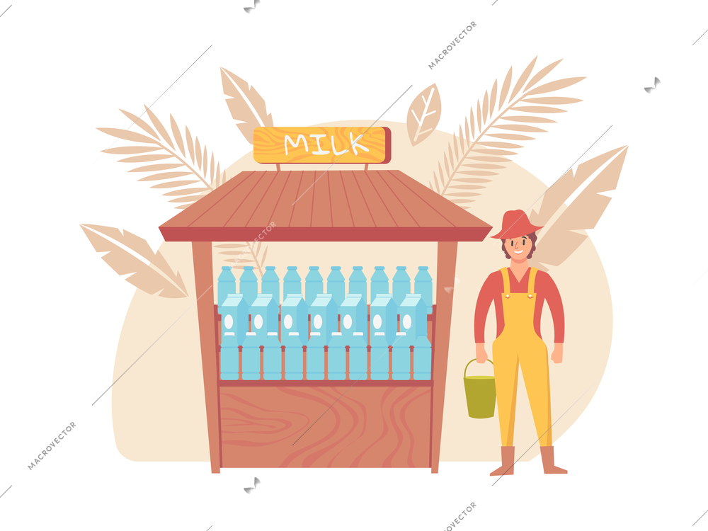 Smiling male farmer selling milk at market flat vector illustration