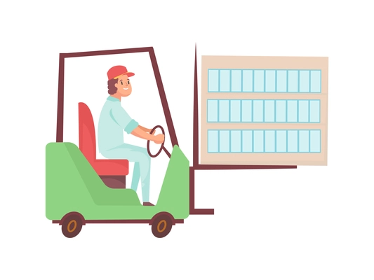Happy worker driving forklift on white background flat vector illustration