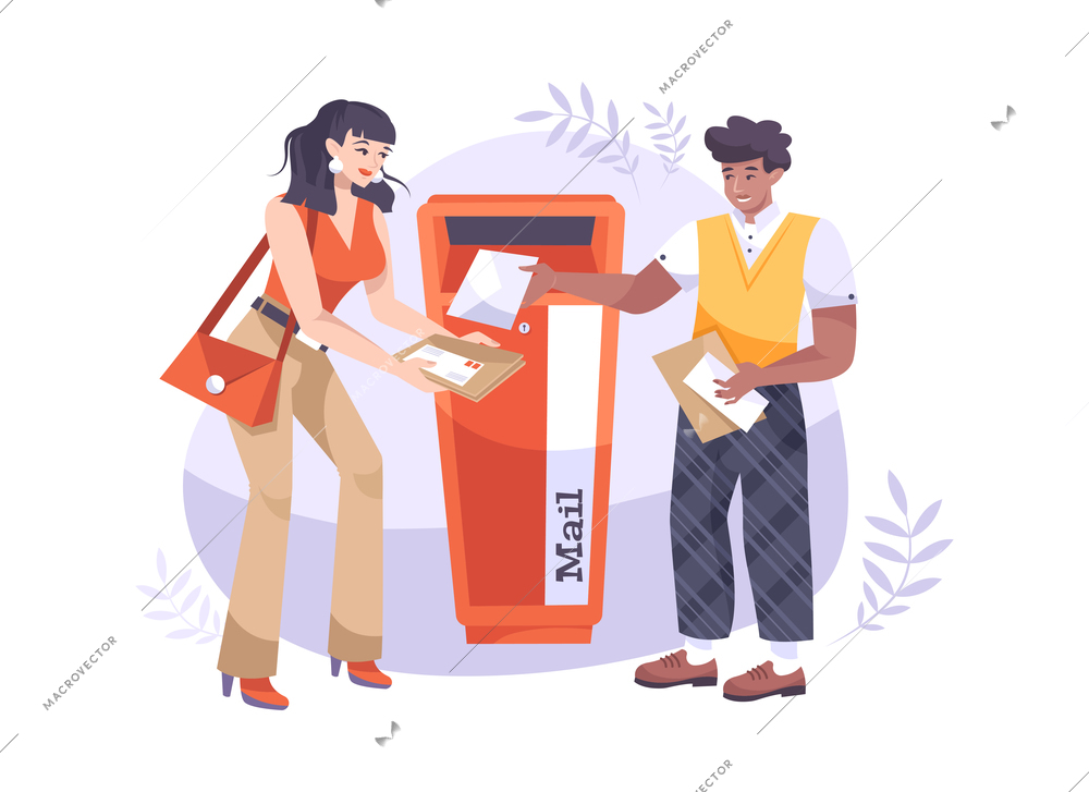 Flat composition with man and woman putting letters in mailbox vector illustration
