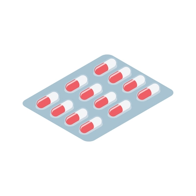 Isometric icon of blister pack with white and red capsules vector illustration