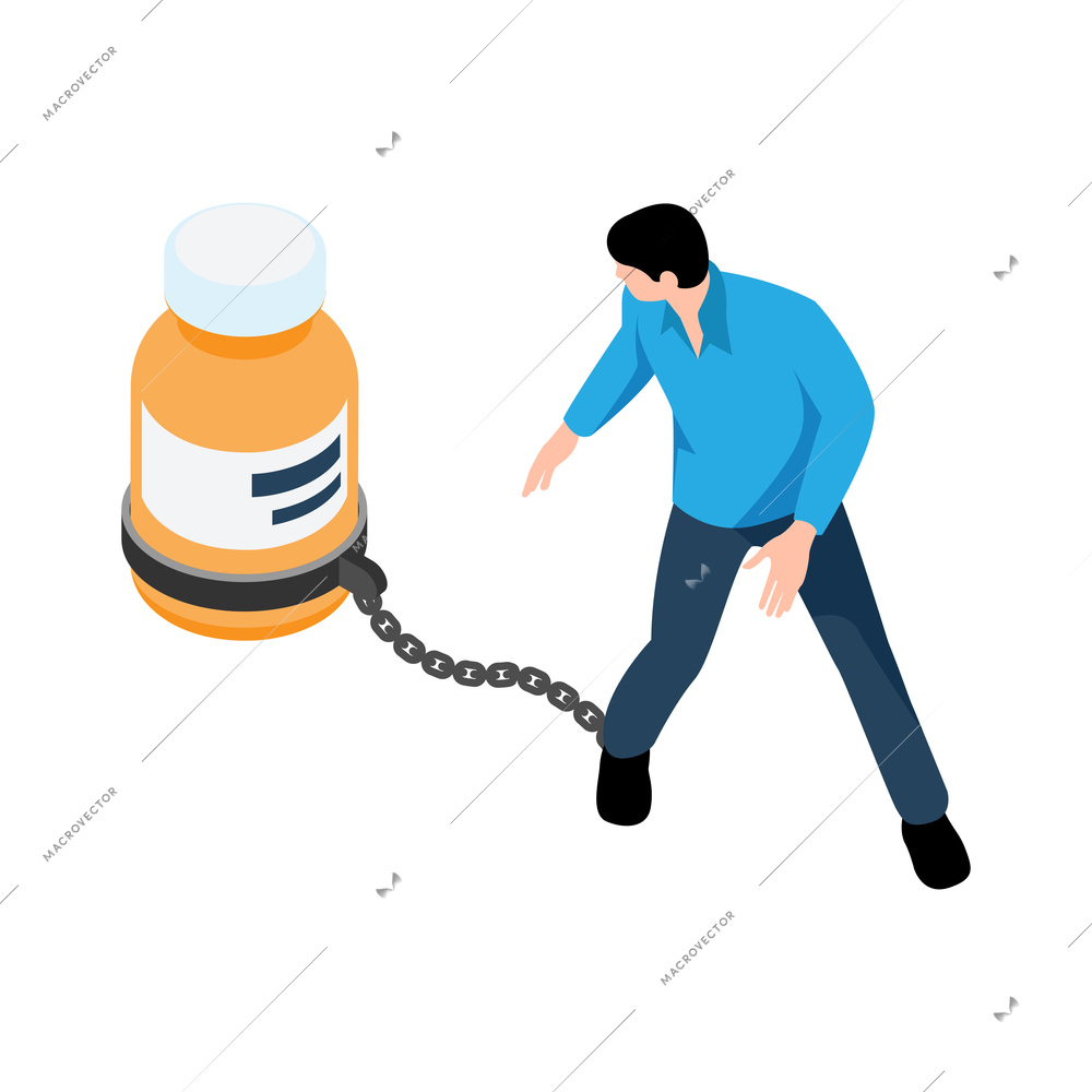 Pharmacy concept with man chained to pills bottle isometric vector illustration