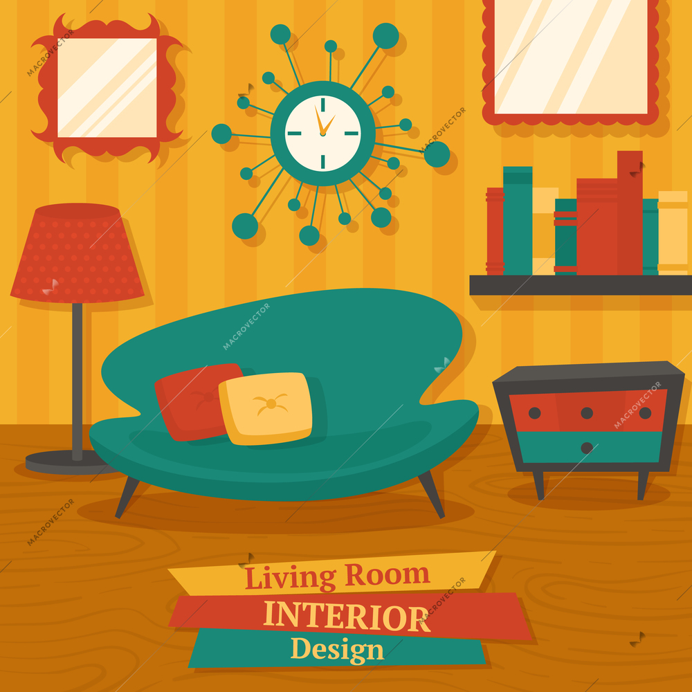 Interior indoor living room design with sofa lamp and bookshelf vector illustration