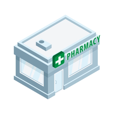 Pharmacy building exterior with green sign isometric icon on white background vector illustration