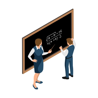 Isometric icon with teacher and pupil writing on black board on maths lesson vector illustration