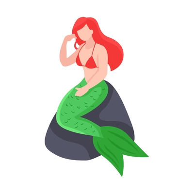 Isometric mermaid with green tail and red hair sitting on stone vector illustration