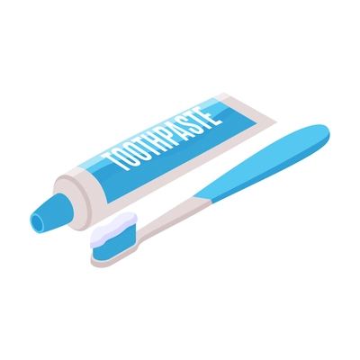 Blue and white toothpaste tube and toothbrush isometric icon vector illustration