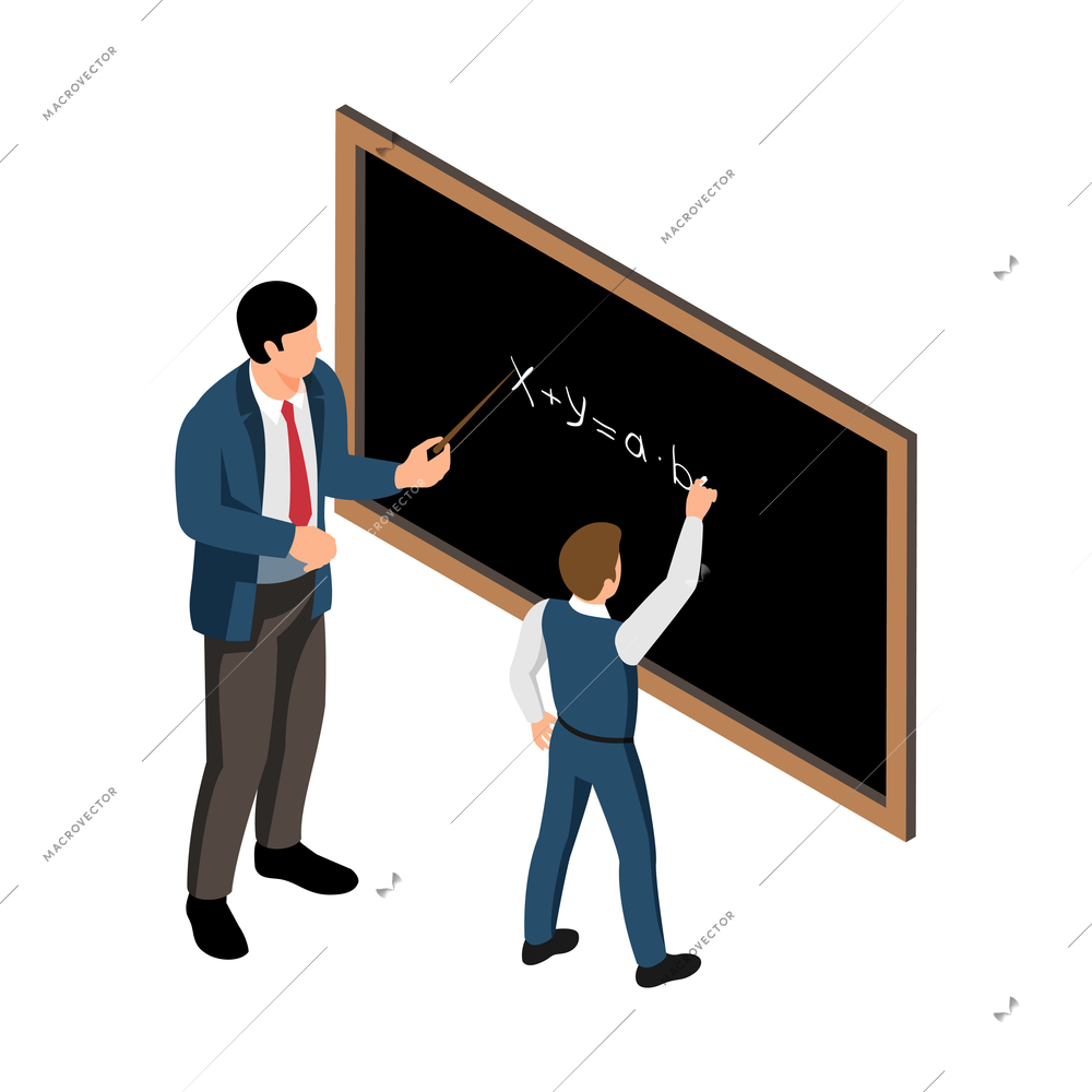 Isometric school lesson icon with male teacher and pupil doing sums on board vector illustration