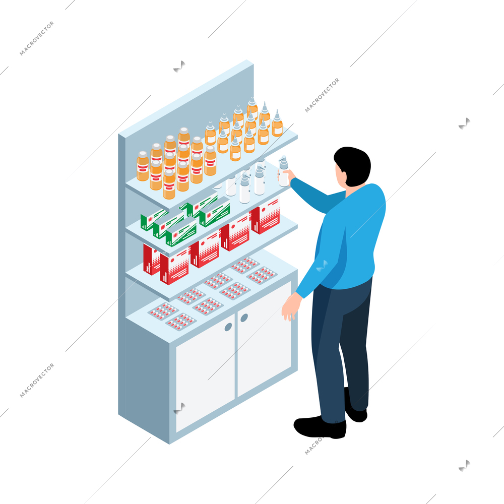 Man buying spray at drug store isometric icon on white background vector illustration