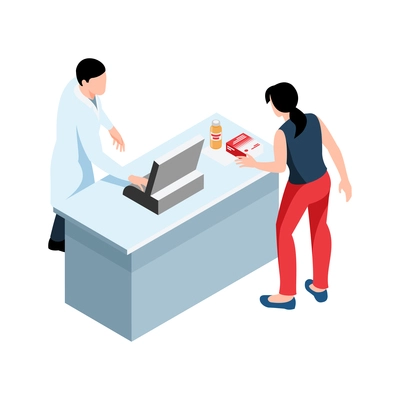 Drug store isometric icon with pharmacist and woman buying medication 3d vector illustration