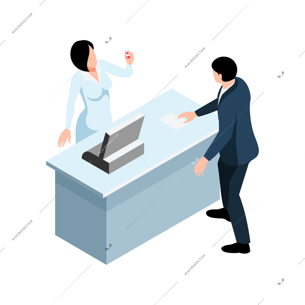 Pharmacy icon with customer and woman pharmacist holding bottle of pills isometric vector illustration