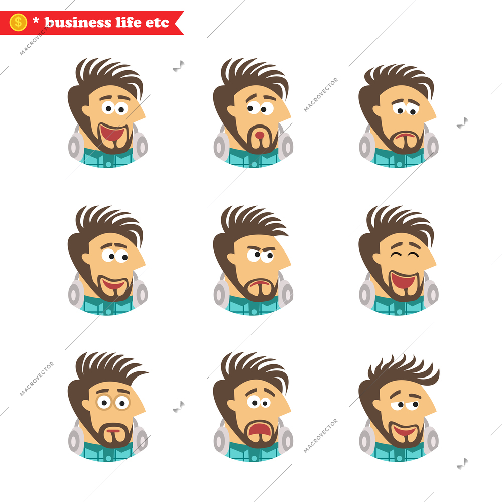 Business life. Software engineer facial emotions, isolated icons set vector illustration