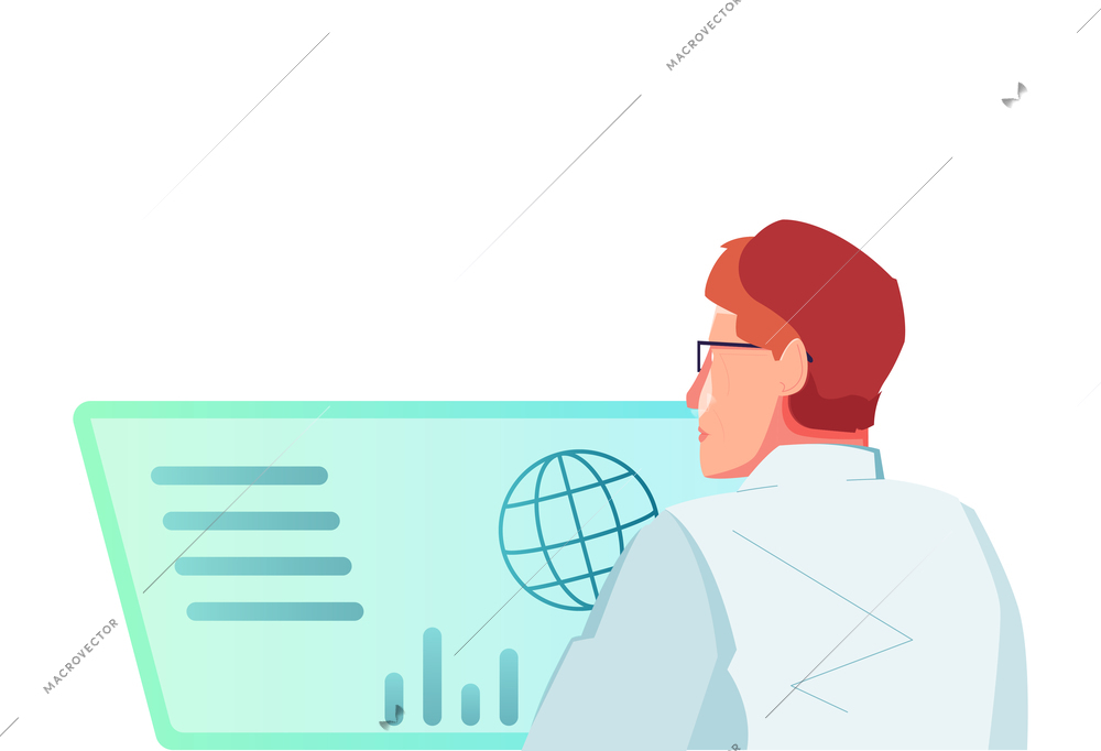 Space scientist in front of monitor flat vector illustration