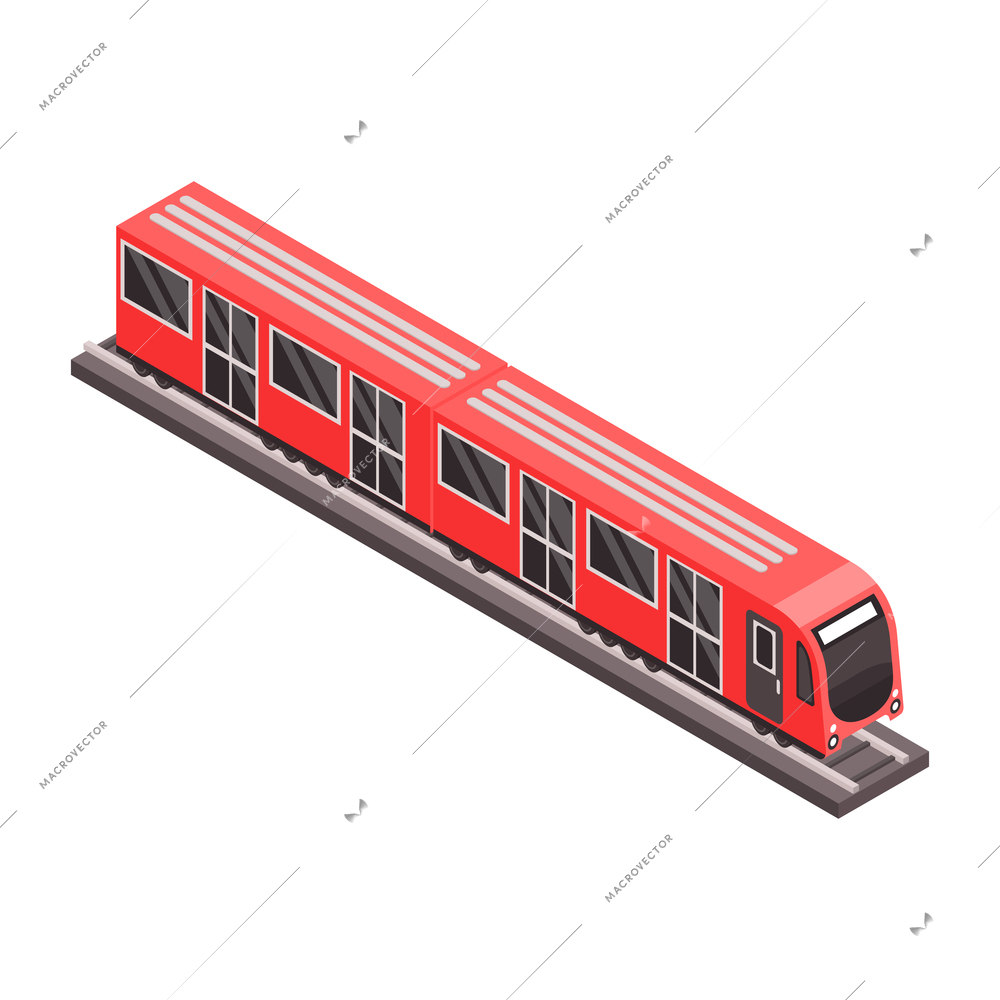 Isometric icon with red subway train on rail track vector illustration