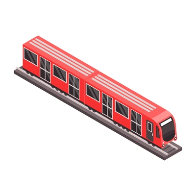 Isometric icon with red subway train on rail track vector illustration