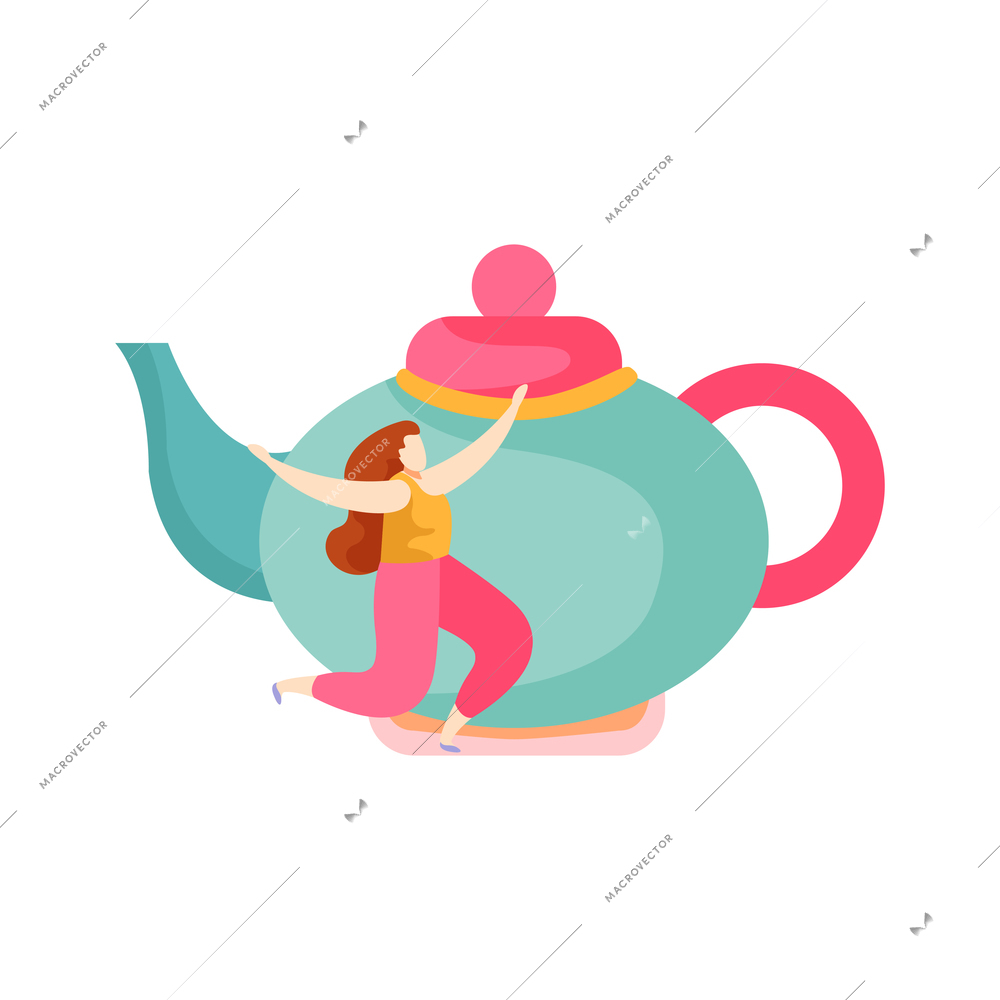 Flat icon with colorful teapot and happy tiny woman on white background vector illustration