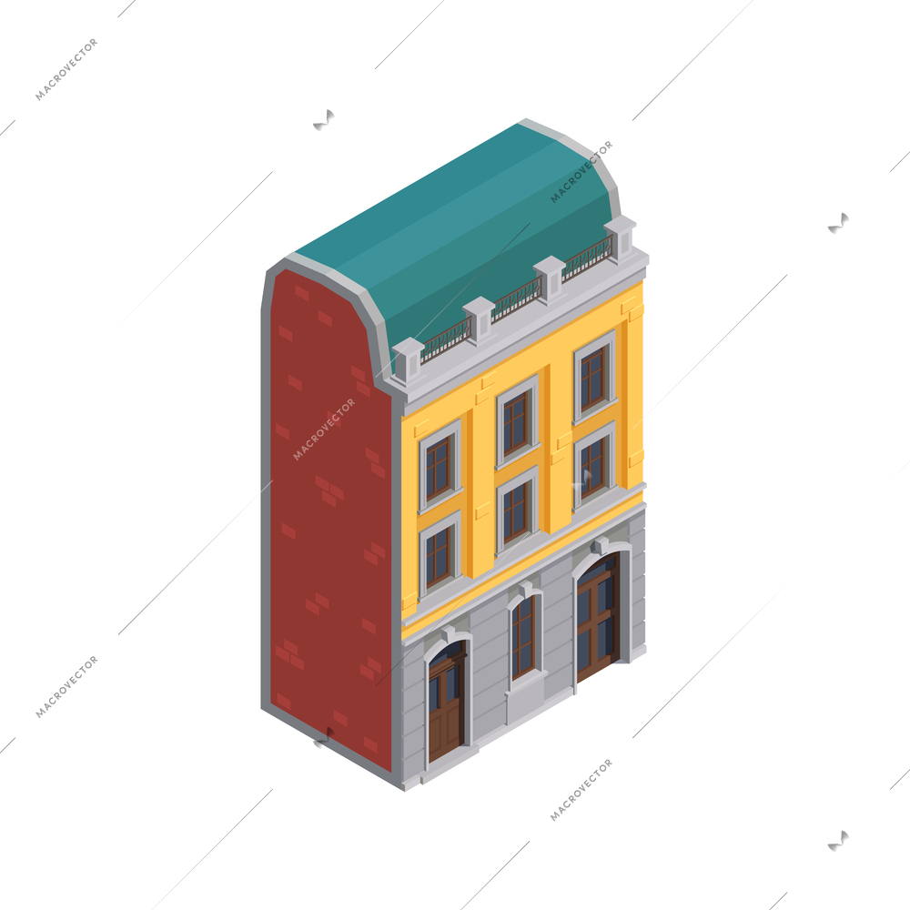 Isometric icon of suburban apartment house with grey and yellow facade and green roof side view vector illustration