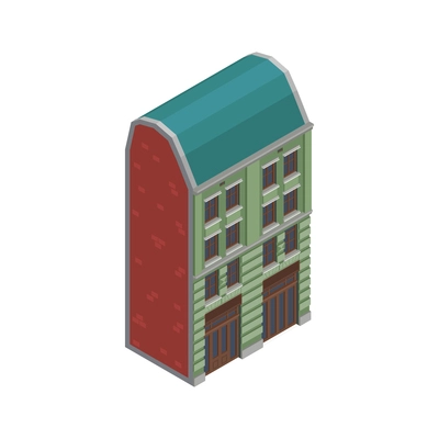 Low rise green brick suburban residential building isometric 3d icon on white background vector illustration