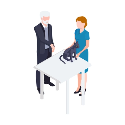 Isometric icon with female vet examining cat on white background vector illustration