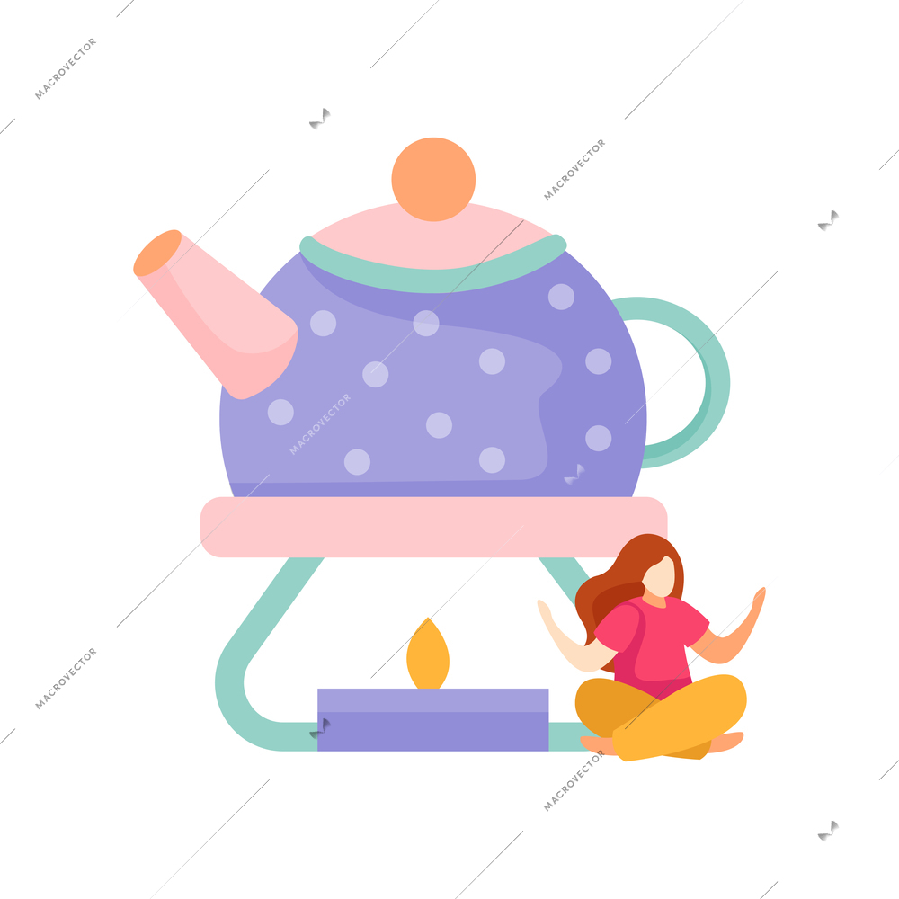 Tea time flat icon with teapot and woman sitting in lotus position vector illustration