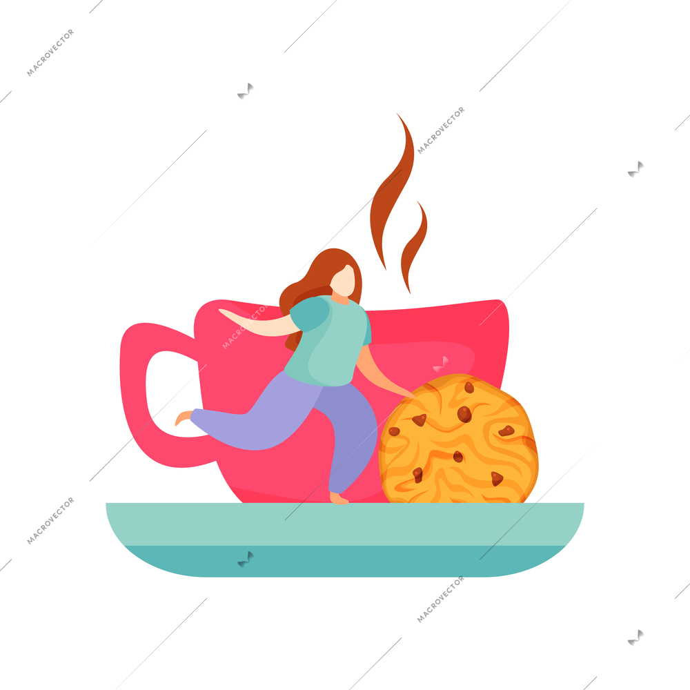 Pink cup of hot tea biscuit and human character flat icon vector illustration