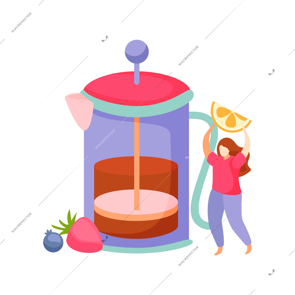 Press pot with black tea lemon and berries flat icon on white background vector illustration