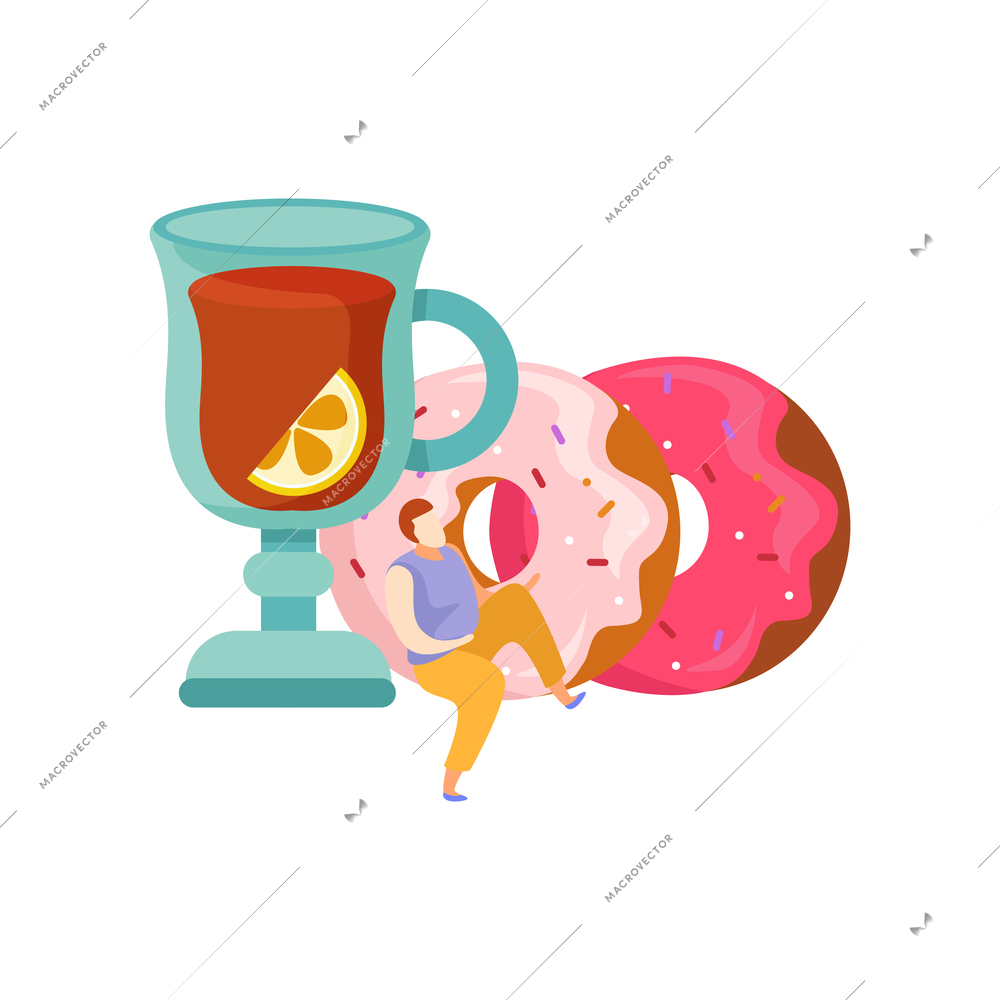 Glass of tea with lemon two donuts and man character on white background flat vector illustration