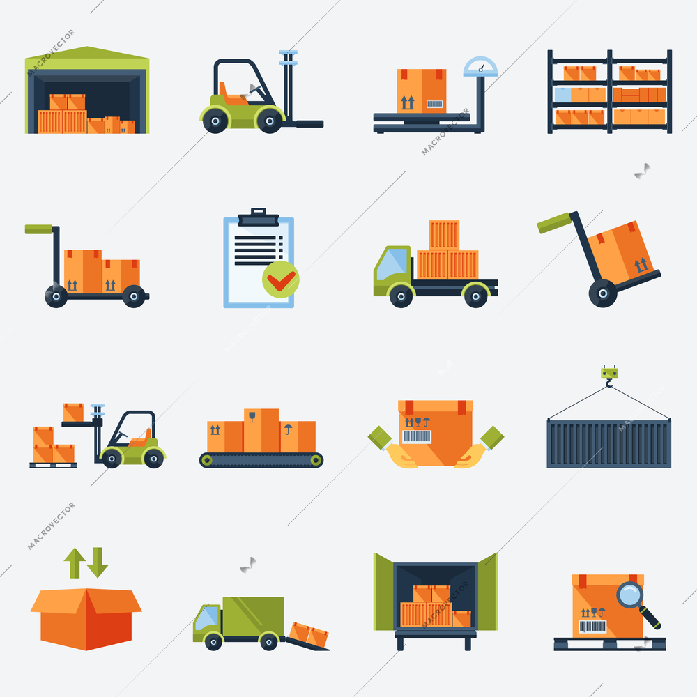 Warehouse transportation and delivery icons flat set isolated vector illustration