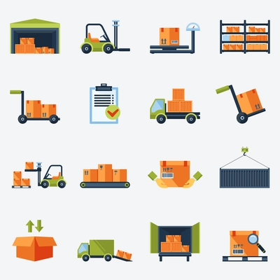 Warehouse transportation and delivery icons flat set isolated vector illustration