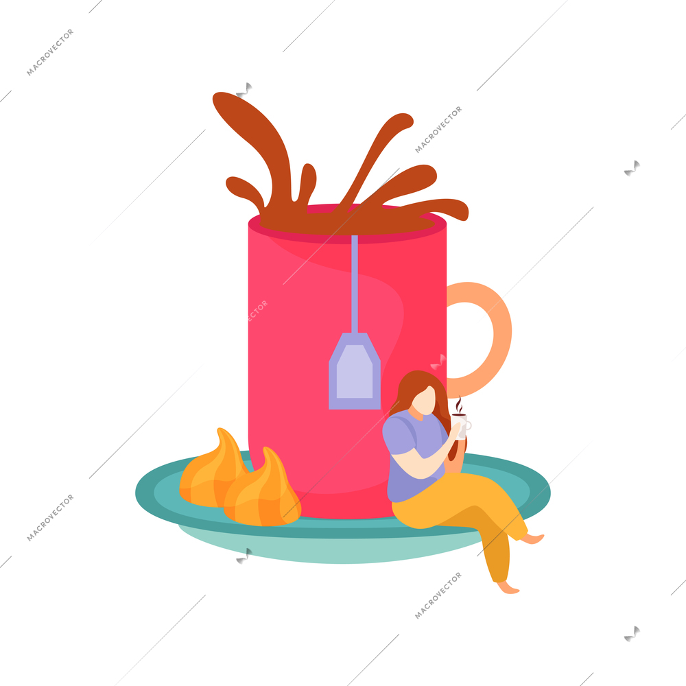 Tea time flat icon with cup and tiny woman sitting on saucer vector illustration