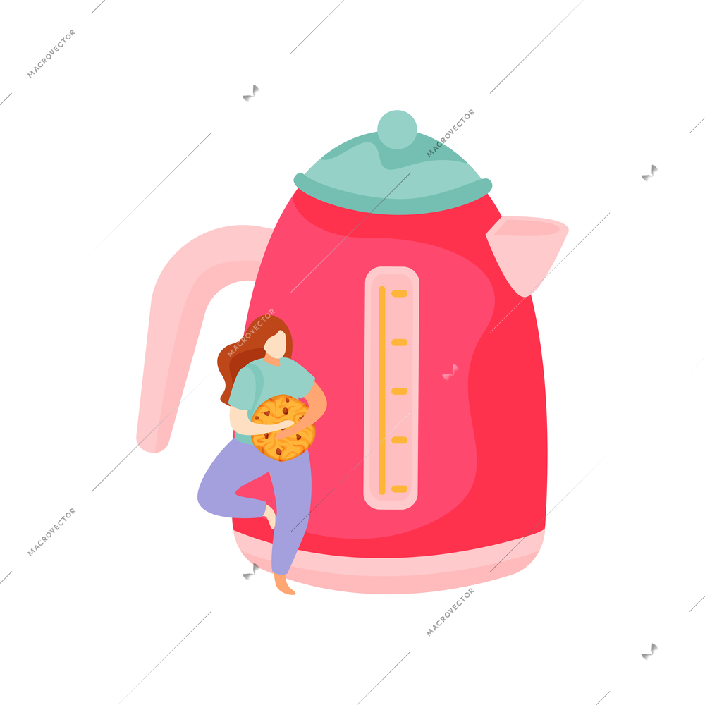 Flat design tea time icon with pink kettle and woman holding cookie vector illustration