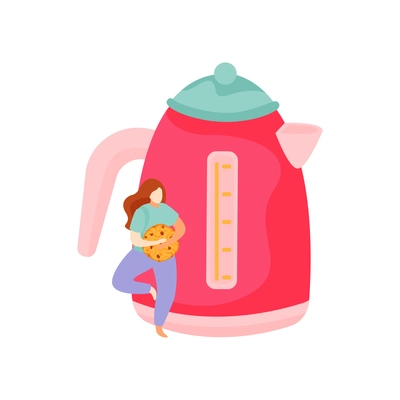 Flat design tea time icon with pink kettle and woman holding cookie vector illustration