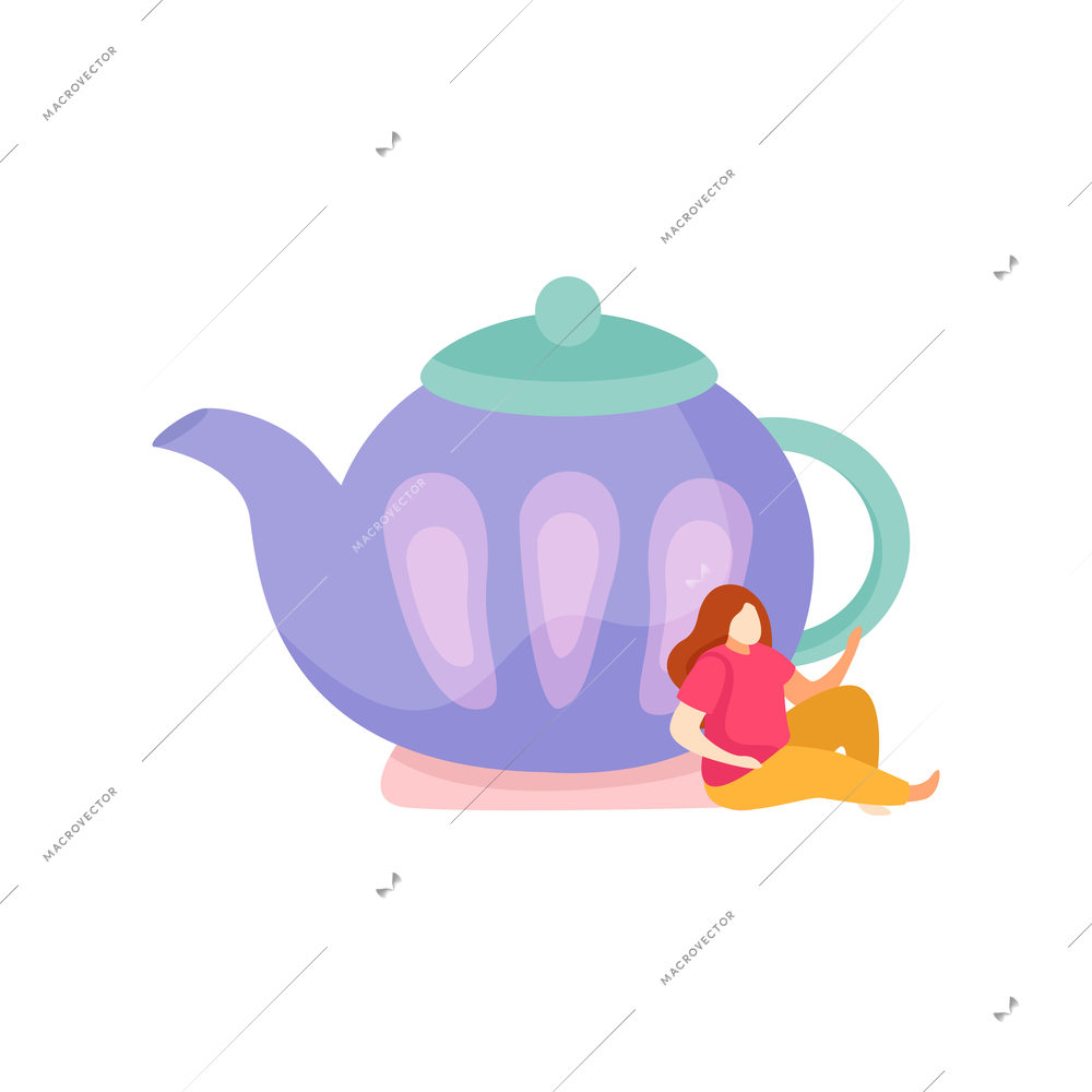 Flat tea time icon with tiny woman sitting near teapot vector illustration